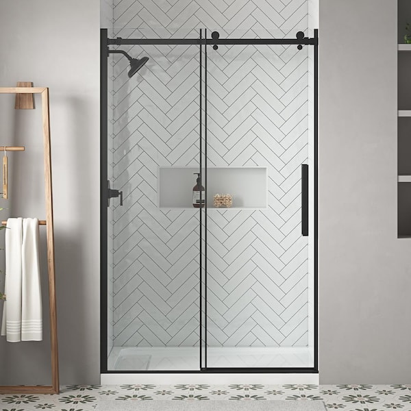 Home Decorators Collection Waverly 46 1/2 in. - 48 in. W x 76 in. H Sliding Frameless Shower Door in Matte Black with Clear Glass