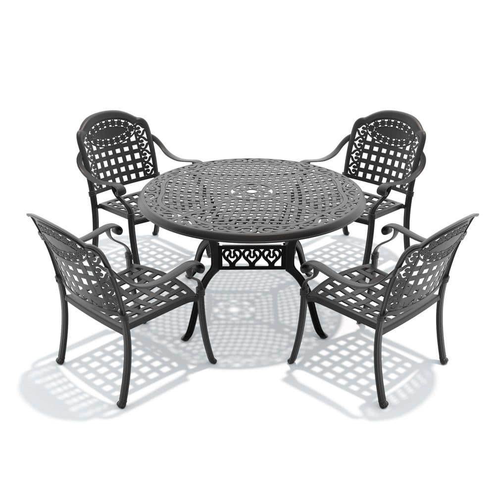 Black 5-Piece Cast Aluminum Outdoor Dining Set with Blue Cushions, All-Weather Patio Furniture Set price history on PriceWatchPro