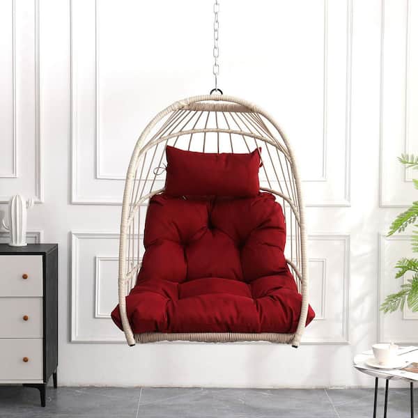 Nestfair 2.36 ft. Outdoor Rattan Hammock Chair Hanging Chair with Red Cushion