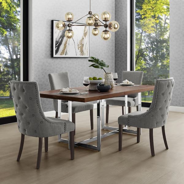 Inspired Home Piper Light Grey Linen, Grey Linen Nailhead Dining Chairs