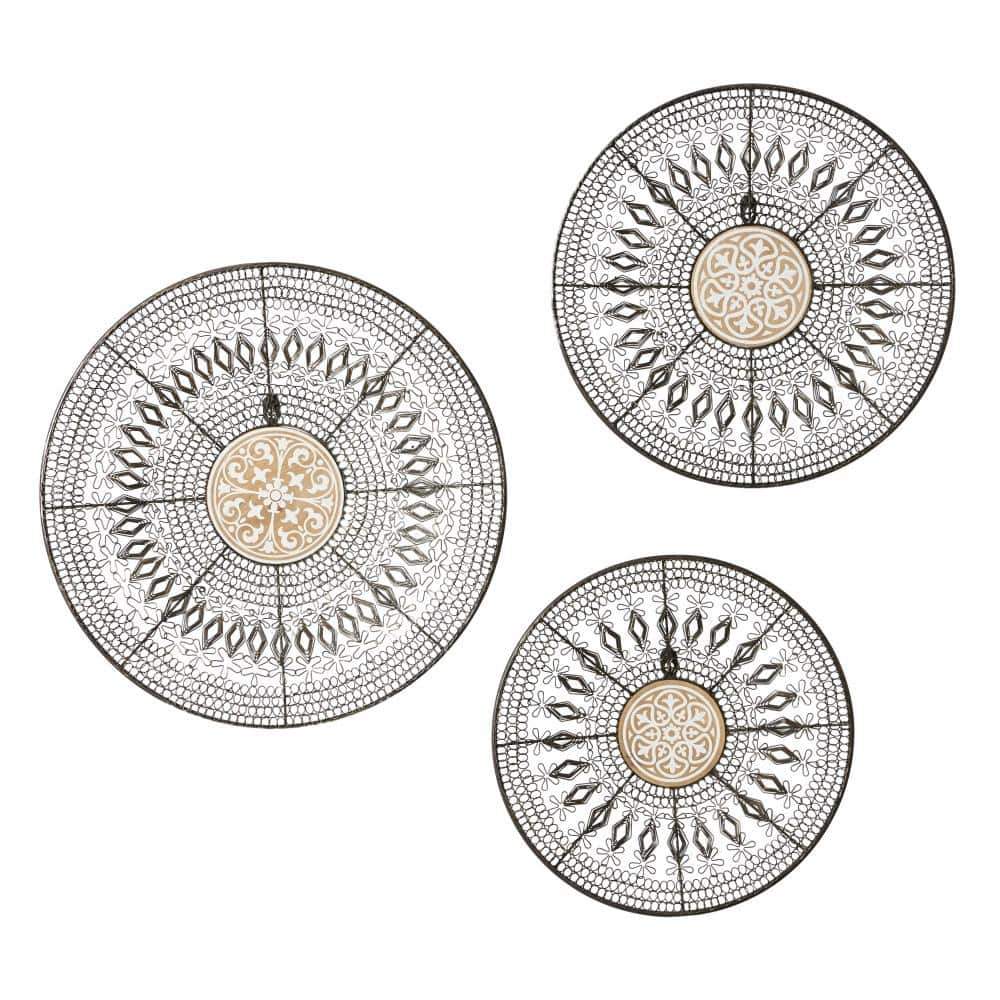 Set of Three Black and Natural Metal Circle Wall Sculptures