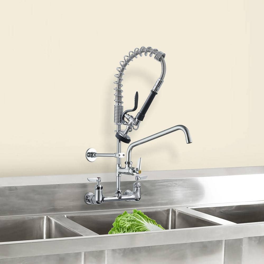 Commercial Triple Handle Wall Mount Stainless Steel Kitchen Faucet in Polished Chrome