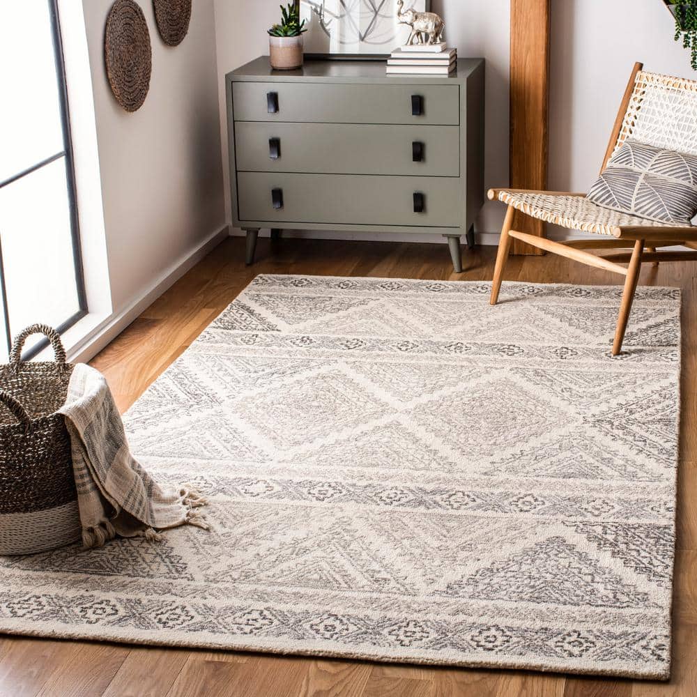 Ivory and Light Brown Geometric Wool 4' x 6' Handmade Tufted Rug