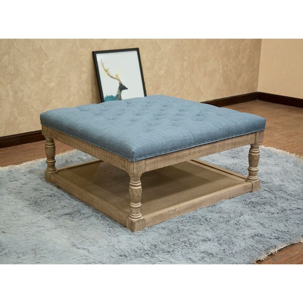 Cairona Blue Tufted Textile 34 in. Shelved Ottoman Table