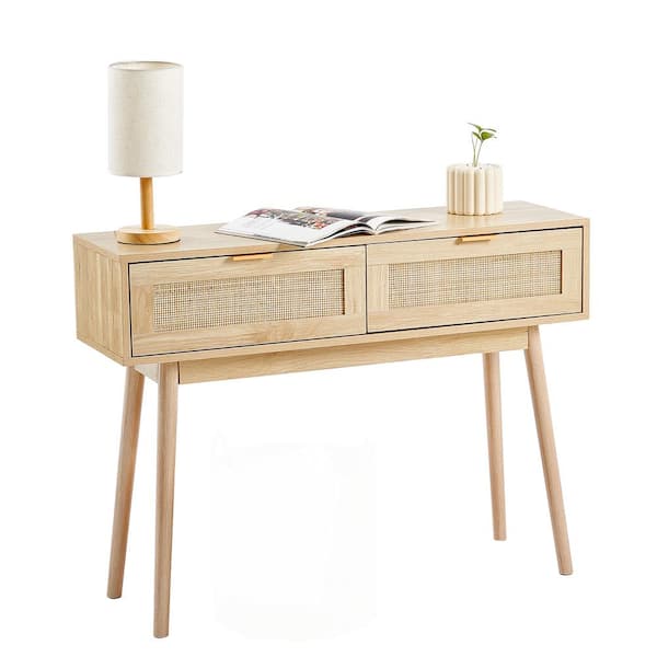 SKYSHALO Rattan Console Table with 2-Storage Drawers, Rattan Entryway Table with Natural Rattan Sliding Door, Console Sofa Table