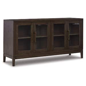 Brown and Brass Wood Top 60 in. Sideboard with 2 Glass Double-Door Cabinets
