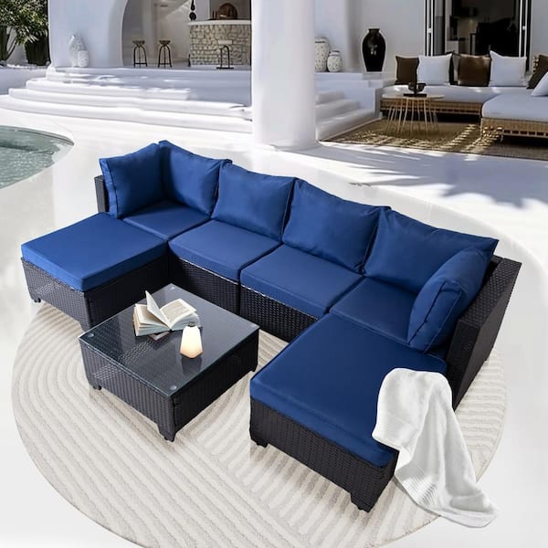 Unbranded 7-Piece Grey PE Rattan Wicker Outdoor Sectional Sofa Set with Blue Cushions