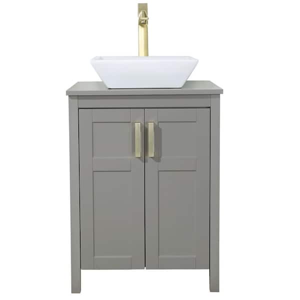 Comllen 24 in. W x 20 in. D x 38 in. H Freestanding Gray Bath Vanity with White Vessel Ceramic Top Unassembled