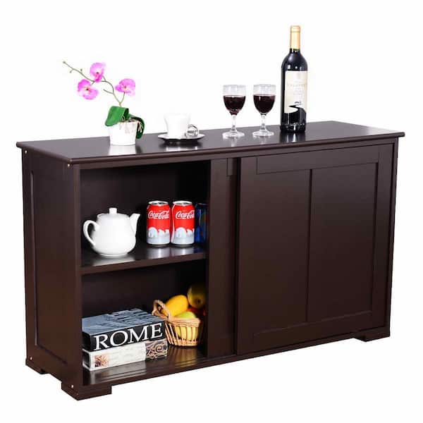 Brown Wood Buffet Cupboard Kitchen Storage Cabinet Sideboard with Sliding Door