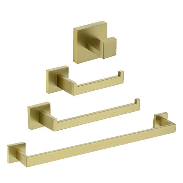 YAWWALK 4-Piece Stainless Steel Bath Hardware Set with Towel Bars, Toilet Paper Holder, and Towel Hook in Brushed Gold