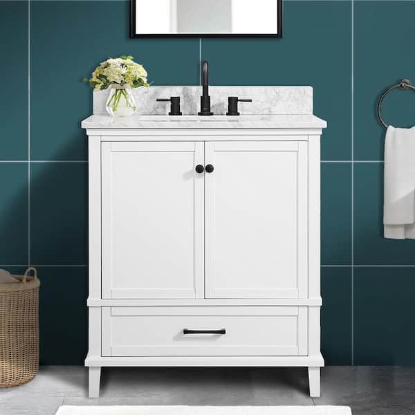 Merryfield 31 in. Single Sink White Bath Vanity with White Carrara Marble Top (Assembled)