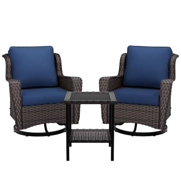 Brown 3-Piece Wicker Patio Conversation Seating Sofa Set with Blue Cushions and Swivel Rocking Chairs