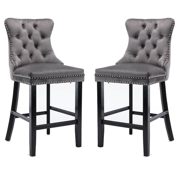 mieres Velvet Upholstered Barstools Leisure Style Bar Chairs with Wood Legs, Nailhead Trim and Button Tufted Back (Set of 2）