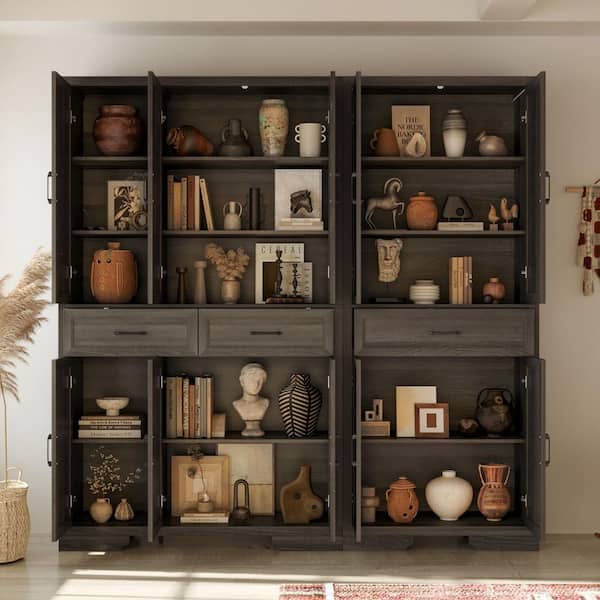 Dark Oak 78.7 in. Accent Cabinet Office Storage Cabinet with 15-Shelves, Drawers, Tip-Resistant Hardware