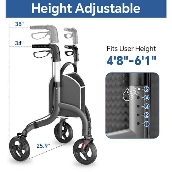 Wudkey 3-Wheel Lightweight Foldable Aluminum Rollator Walker in