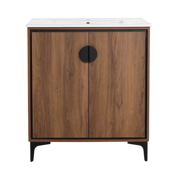 30 in. W x 18.31 in. D x 33.86 in. H Freestanding Bath Vanity in Brown with White Ceramic Vanity Top