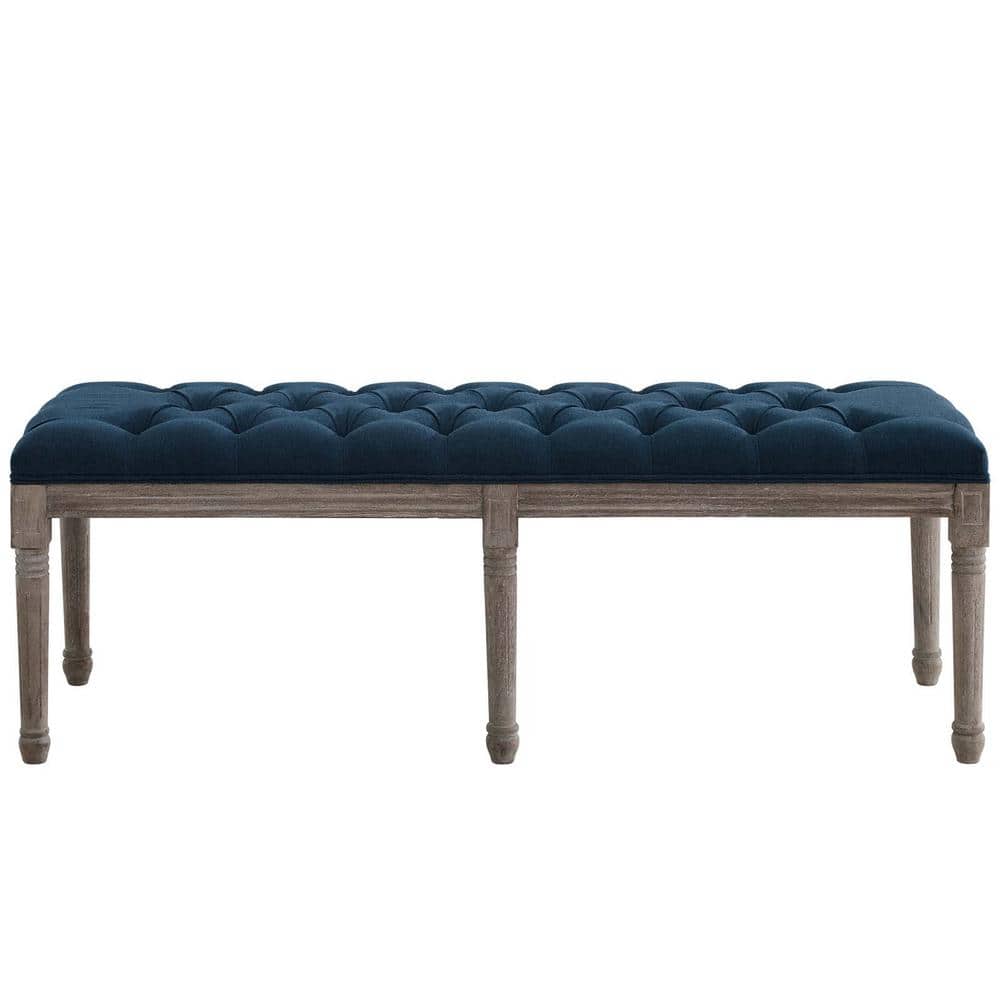 Navy French Vintage Upholstered Fabric Bench with Wood Legs