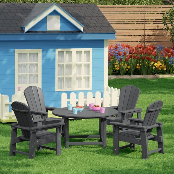 Children's Laguna Outdoor Patio All Weather Plastic 5-Piece Kids Adirondack Round Picnic Table Dining Set in Gray