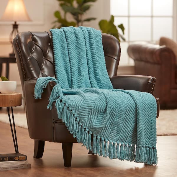 CHANASYA Textured Knit Aqua Acrylic Polyester Throw Blanket with Tassels - 50 in. x 65 in.