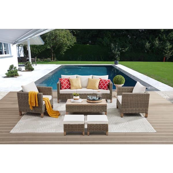 Summax 6-Piece Wicker Patio Conversation Set with Beige Cushions