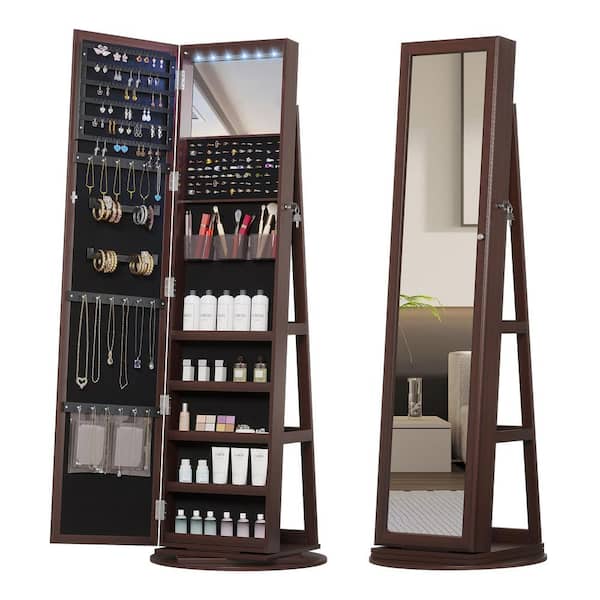 Afoxsos 63 in Dark Brown Rectangle Wood Standing 360° Swivel Jewelry Armoire Cabinet with LED Lights and Full Length Mirror