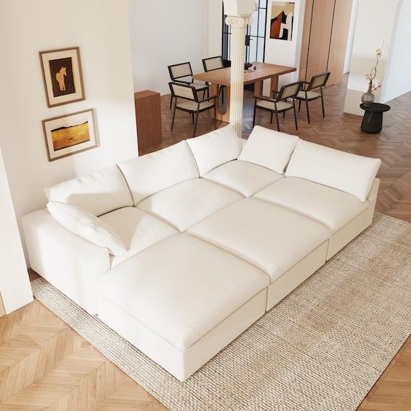 118 in. Modular White Linen Down Filled Queen Size 4-Seat Convertible Sleeper Sofa Bed with 2 Ottomans, Washable Covers
