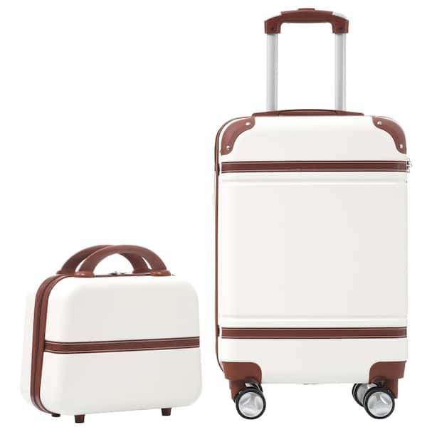 Tatahance 20 in. White Brown Lightweight Durable ABS Hardshell Suitcase with Cosmetic Case