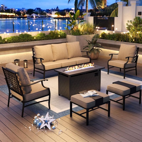 PHI VILLA Black Metal Meshed 7 Seat 6-Piece Steel Outdoor Fire Pit Patio Set with Beige Cushions, Black Rectangular Fire Pit Table
