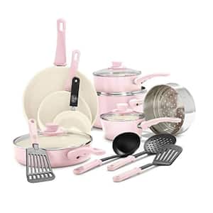 16-Piece Ceramic Kitchen Cookware Pots and Frying Sauce Saute Pans Set, Soft Pink