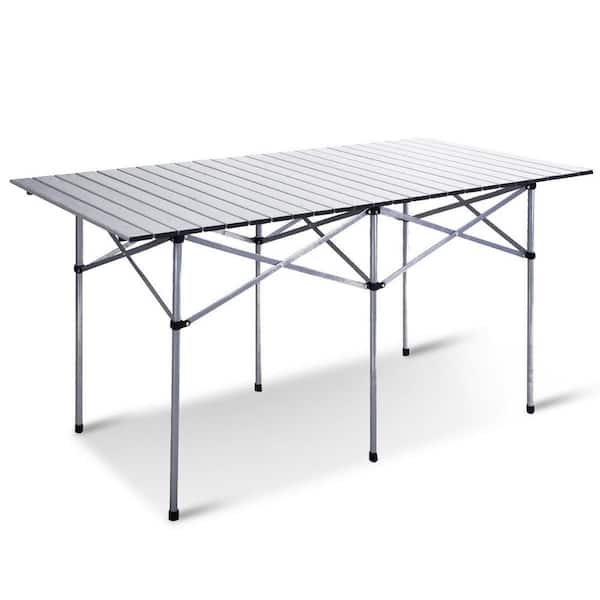 WELLFOR 55 in. Aluminum Outdoor Roll Up Folding Camping Picnic Table OP