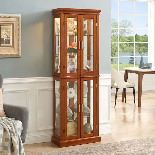 24 in. W x 12 in. D x 70 in. H Brown Linen Cabinet Curio Cabinet Lighted with Adjustable Shelves and Mirrored Back Panel