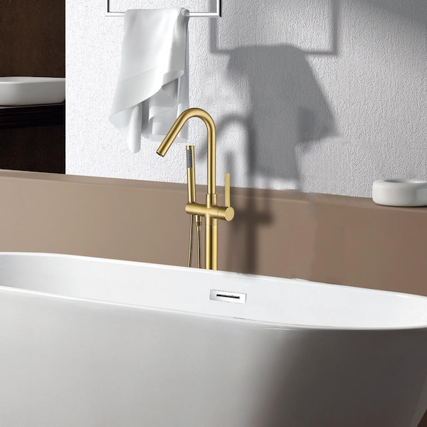 Staykiwi 1-Handle Freestanding Tub Faucet with Hand Shower in Brushed Brass