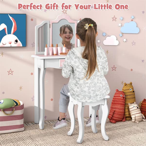 HONEY JOY 2-Piece Wood Top Pink Kids Vanity Table Set Princess