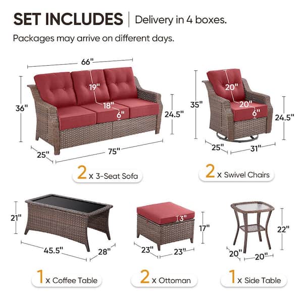 Modern Farmhouse 8-Piece Brown Wicker Patio Conversation Set with 6 In. Red Cushions/3-Seat Sofa with Swivel Chairs