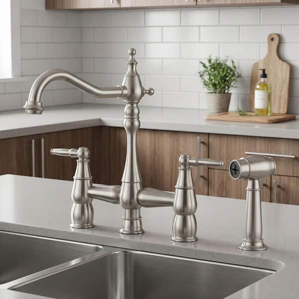 Brass Double Handle Bridge Kitchen Faucet with Side Sprayer in Brushed Nickel