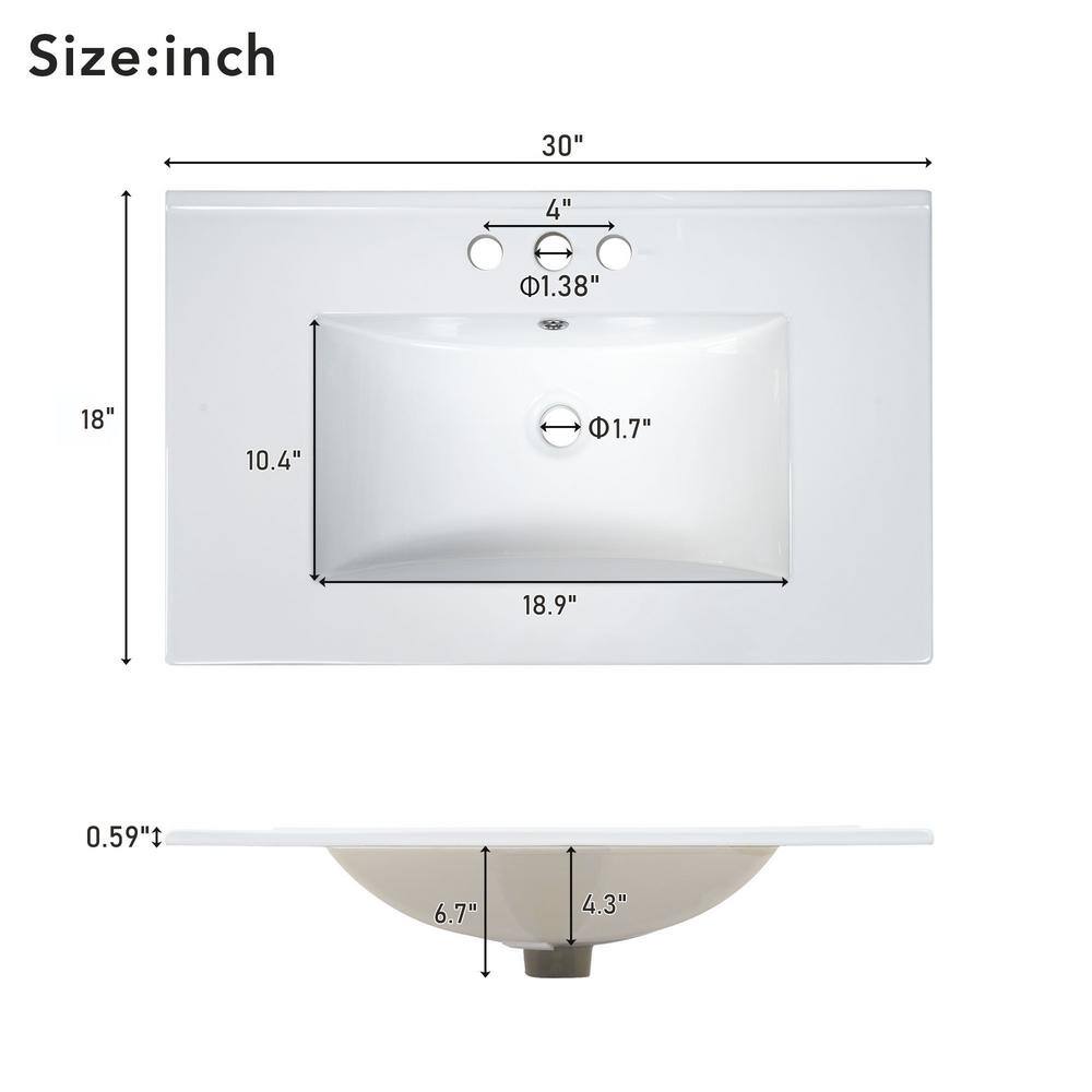 30-Inch White MDF Freestanding Bathroom Vanity with Ceramic Basin