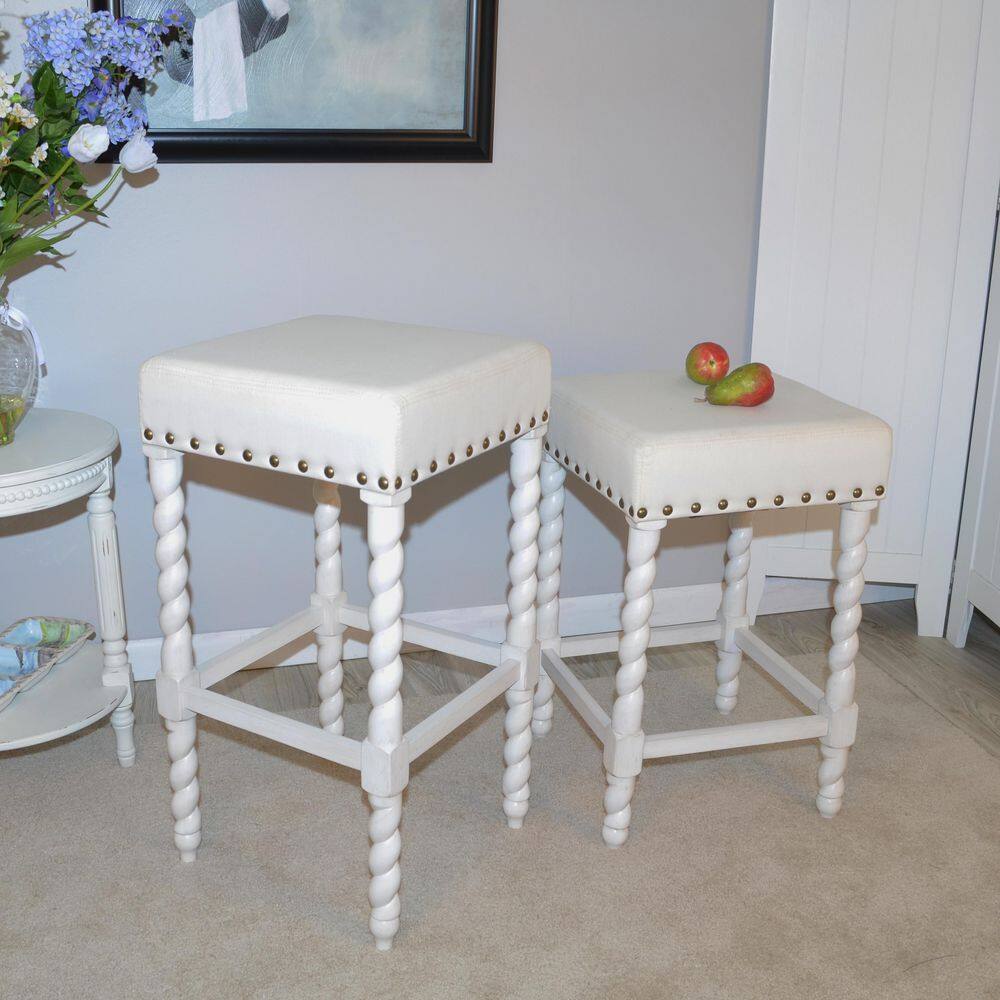 Vintage White Linen and Wood 32'' Backless Counter Stool