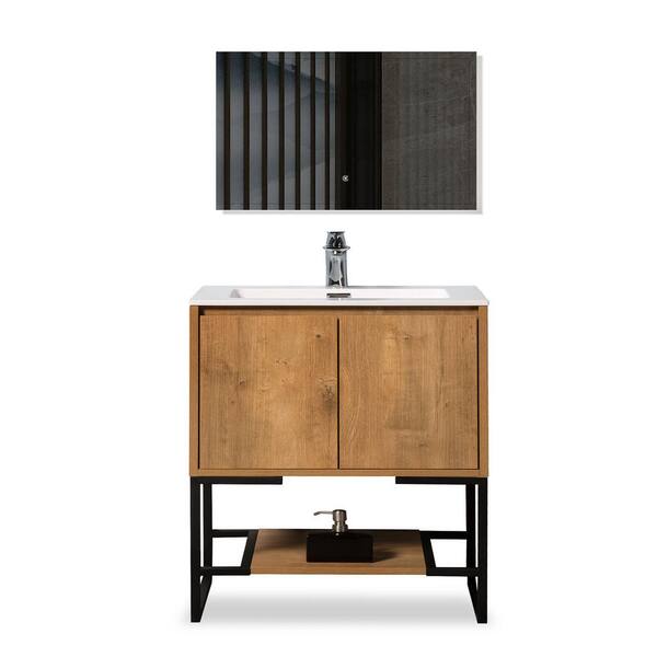 Maincraft Free-Standing 29.53 in. W x 17.72 in. D x 34.65 in. H. Bath Vanity in Oak with White Solid Surface Top with White Basin