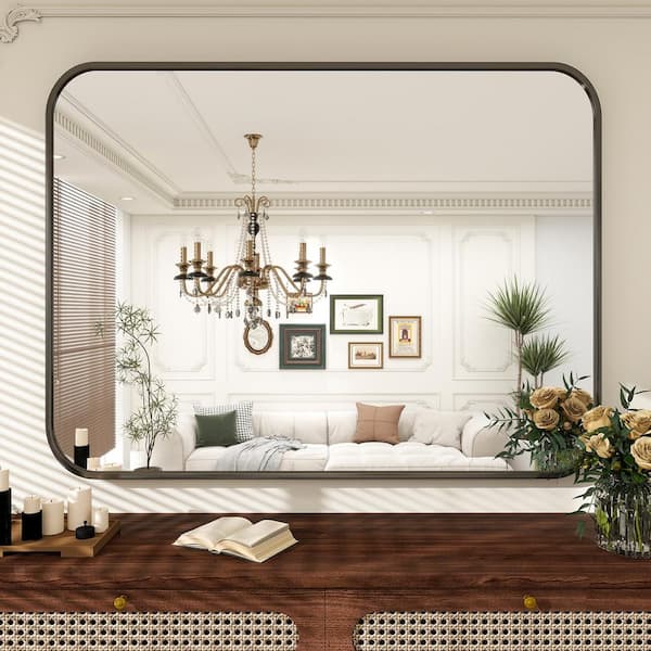 GLSLAND 29.5 in. W x 39.4 in. H Rectangular Round Corners Black Aluminum Alloy Framed Bathroom Vanity Mirror Wall Mirror