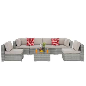 7-Piece Modular Outdoor Sectional Wicker Patio Furniture Conversation Sofa Set (Gray Frame & Beige Cushion)