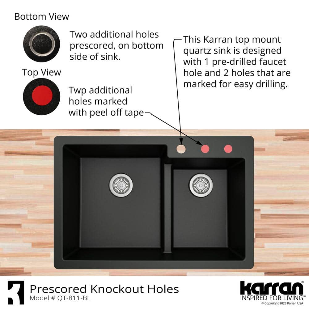 Black Quartz 33'' Double Bowl Top Mount Kitchen Sink