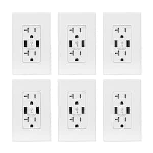 25-Watt 20 Amp Dual Type A USB Wall Duplex Outlet, Wall Plate Included, White (6-Pack)