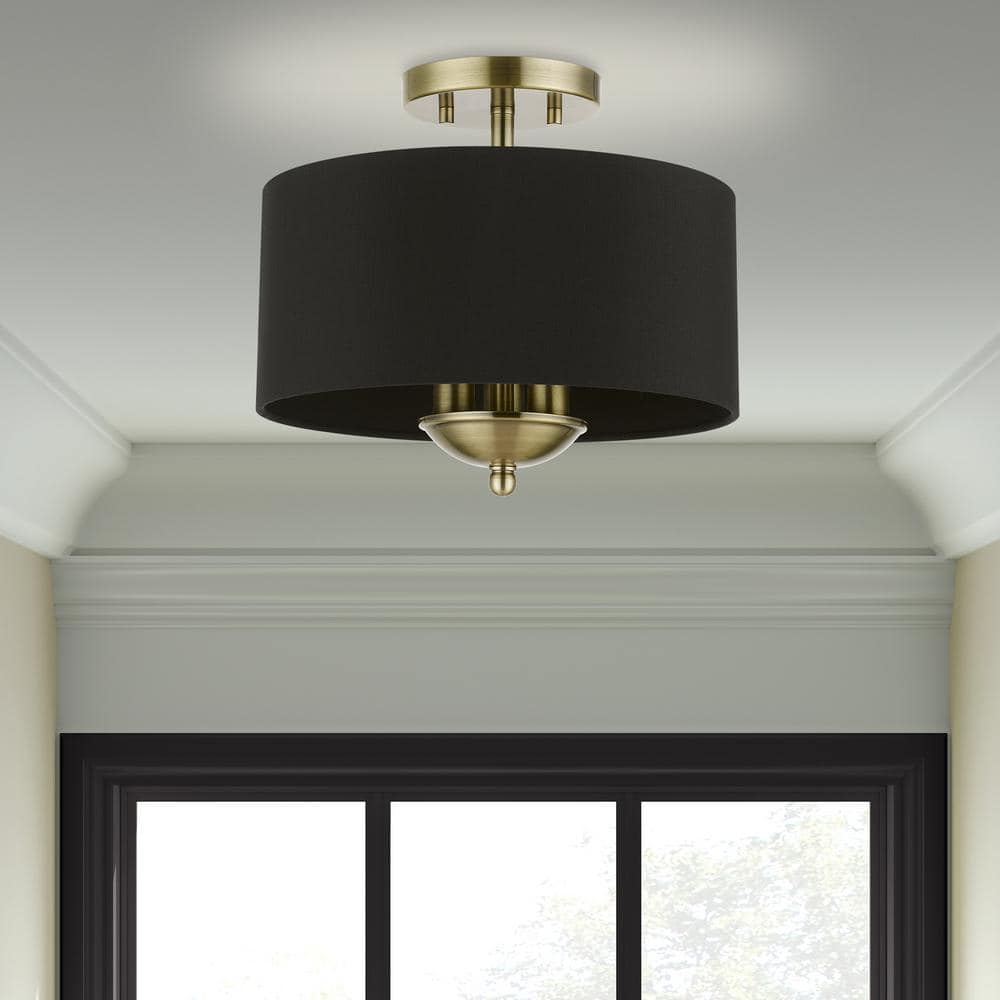 Antique Brass 3-Light Transitional Semi-Flush Mount with Black Fabric Shade