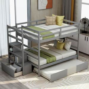 Gray Full over Full Bunk Bed with Twin Size Trundle and Storage Stairs