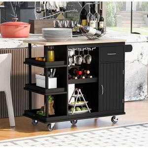 Aoibox Black Faux Marble 47.2 in. W Prep Table Kitchen Island Kitchen Rack Console Table W Shelves and Glass Rack, Black and White SNMX4567