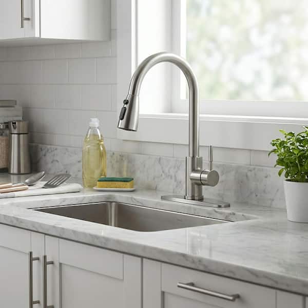 15 in. Deck-Mount Single-Handle 360° Pull-Down Sprayer Kitchen Faucet in Brushed Nickel