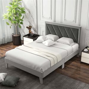 Full Size Bed Frame Upholstered Platform Velvet Headboard Wooden Slats Gray