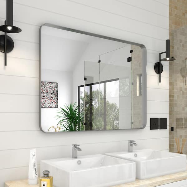 FAMYYT Treasures 40 in. W x 30 in. H Large Rectangular Aluminium Alloy Beveled Framed Wall Bathroom Vanity Mirror in Silver