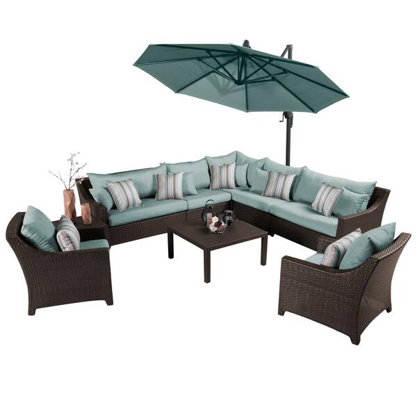 RST Brands Deco 9-Piece All-Weather Wicker Patio Sectional Set with 10 ft. Umbrella and Bliss Blue Cushions