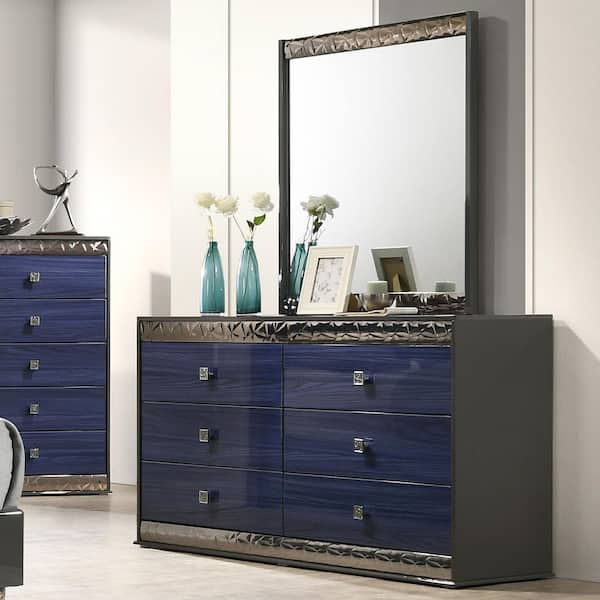 Ellia Ash Gray and Indigo Blue 6-Drawer 61 in. Dresser with Mirror and Geo Chrome Molding